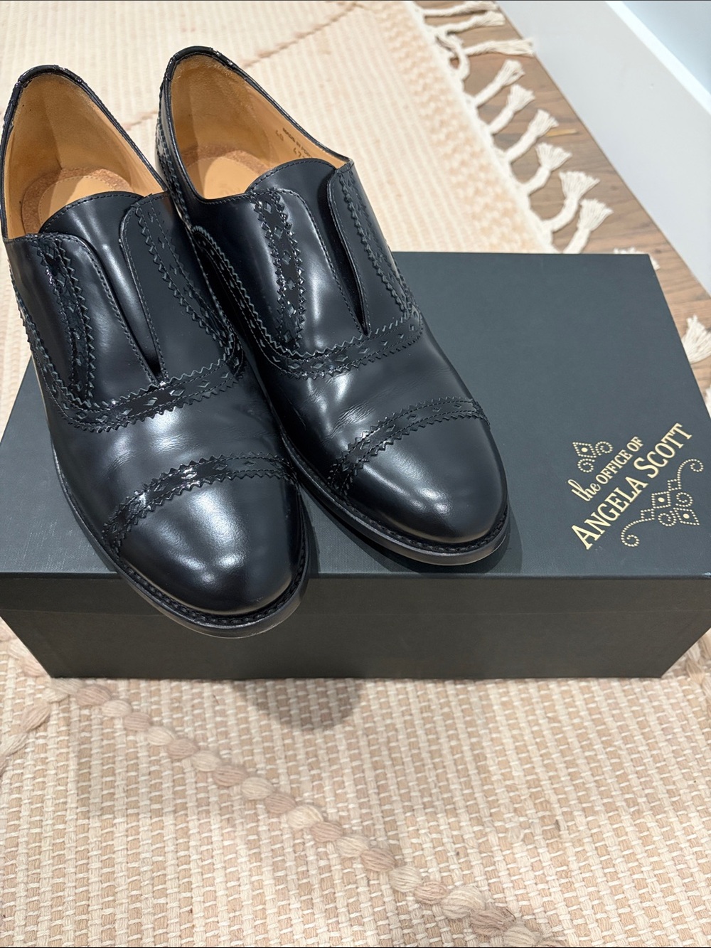 Angela Scott Black Leather Slip-On Brogue Loafers